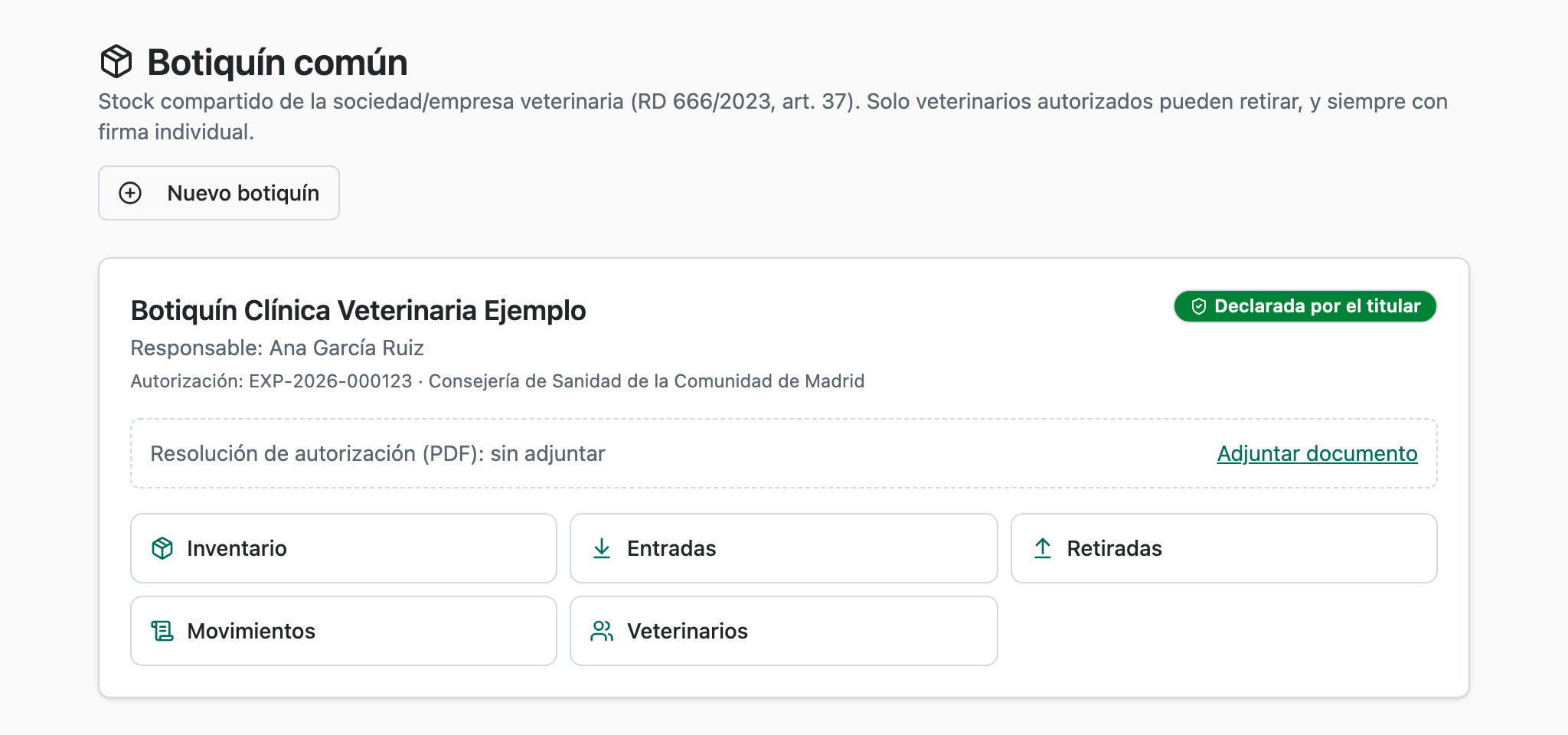 Pantalla principal del botiquín común con su autorización declarada