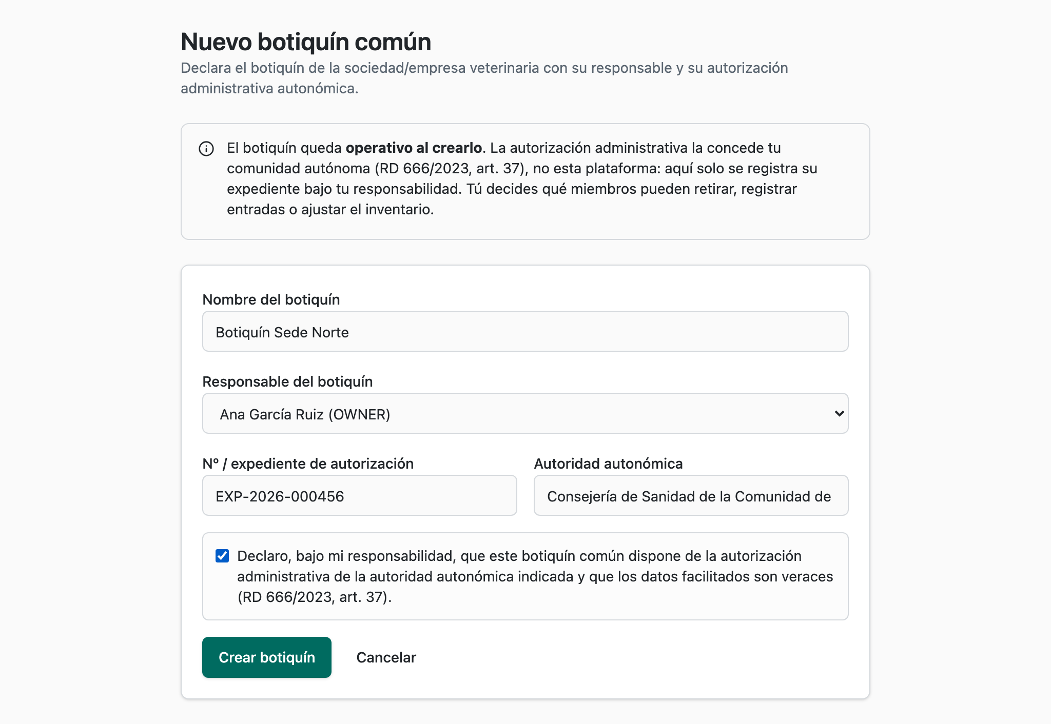 Formulario de alta de botiquín con la casilla de declaración responsable