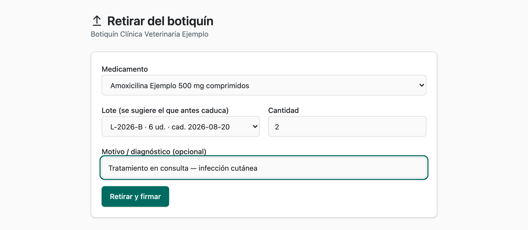 Formulario de retirada de stock del botiquín