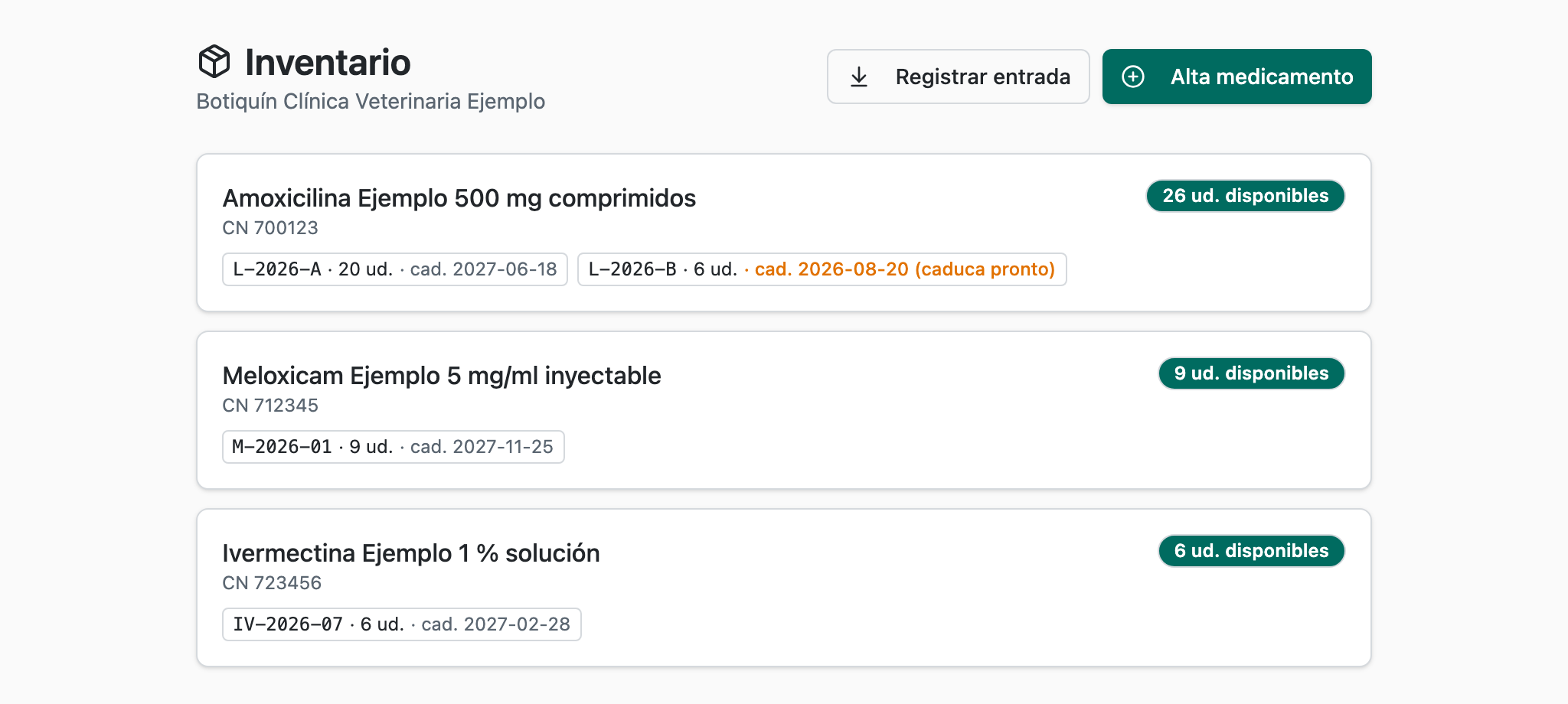 Inventario del botiquín con saldo por lote y avisos de caducidad