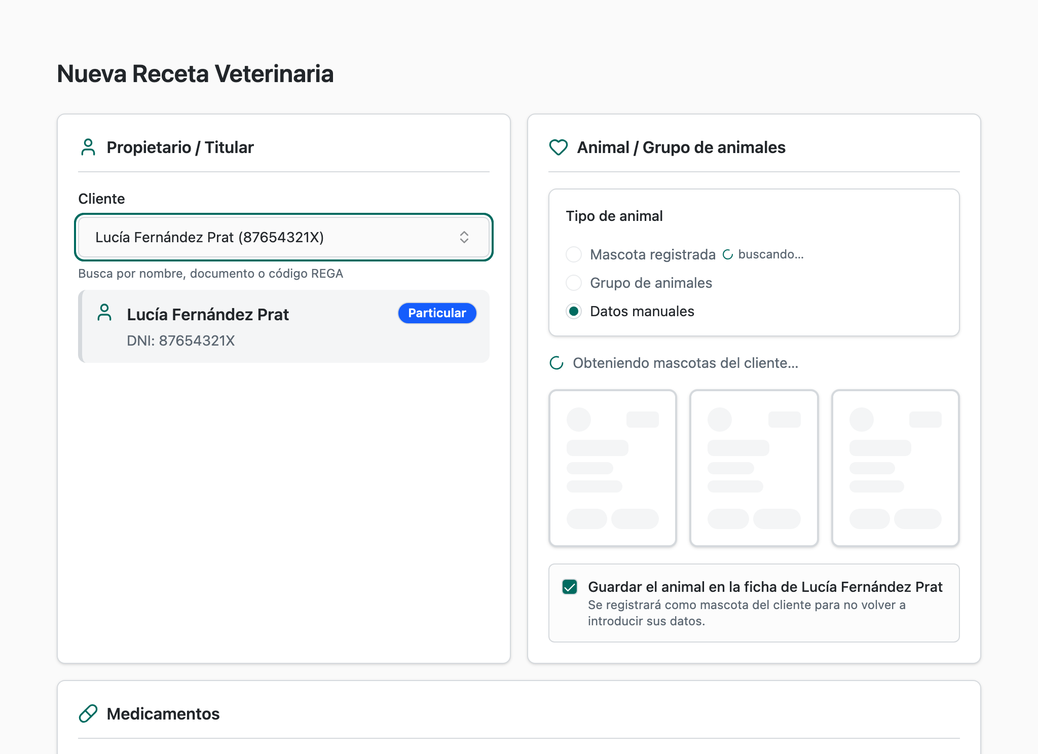 Formulario de nueva receta con los datos del titular, el animal y el medicamento